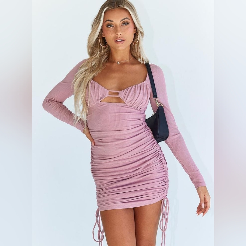 Princess Polly Pink Ribbed Cut Out Long Sleeve Mini Dress - Picture 1 of 3
